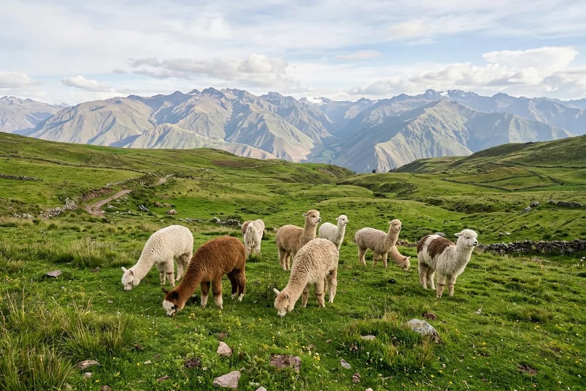 Alpakaherde auf einer grünen Hochlandweide in den Anden als Symbolbild für die Ökobilanz von Alpakawolle