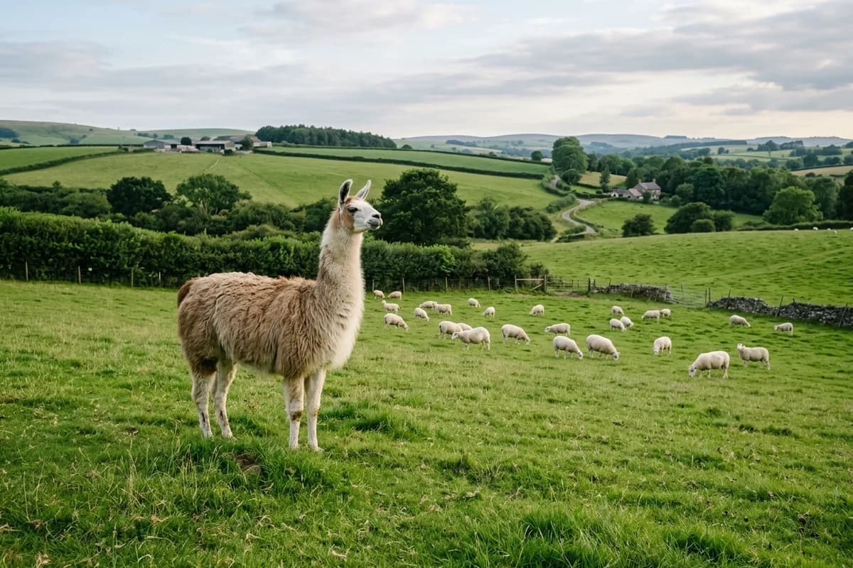 Ein Lama steht wachsam bei einer Schafherde auf der Weide