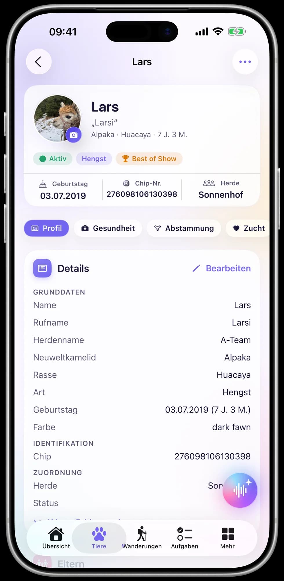 Animal profile with basic data in the ALPAKA.PRO app