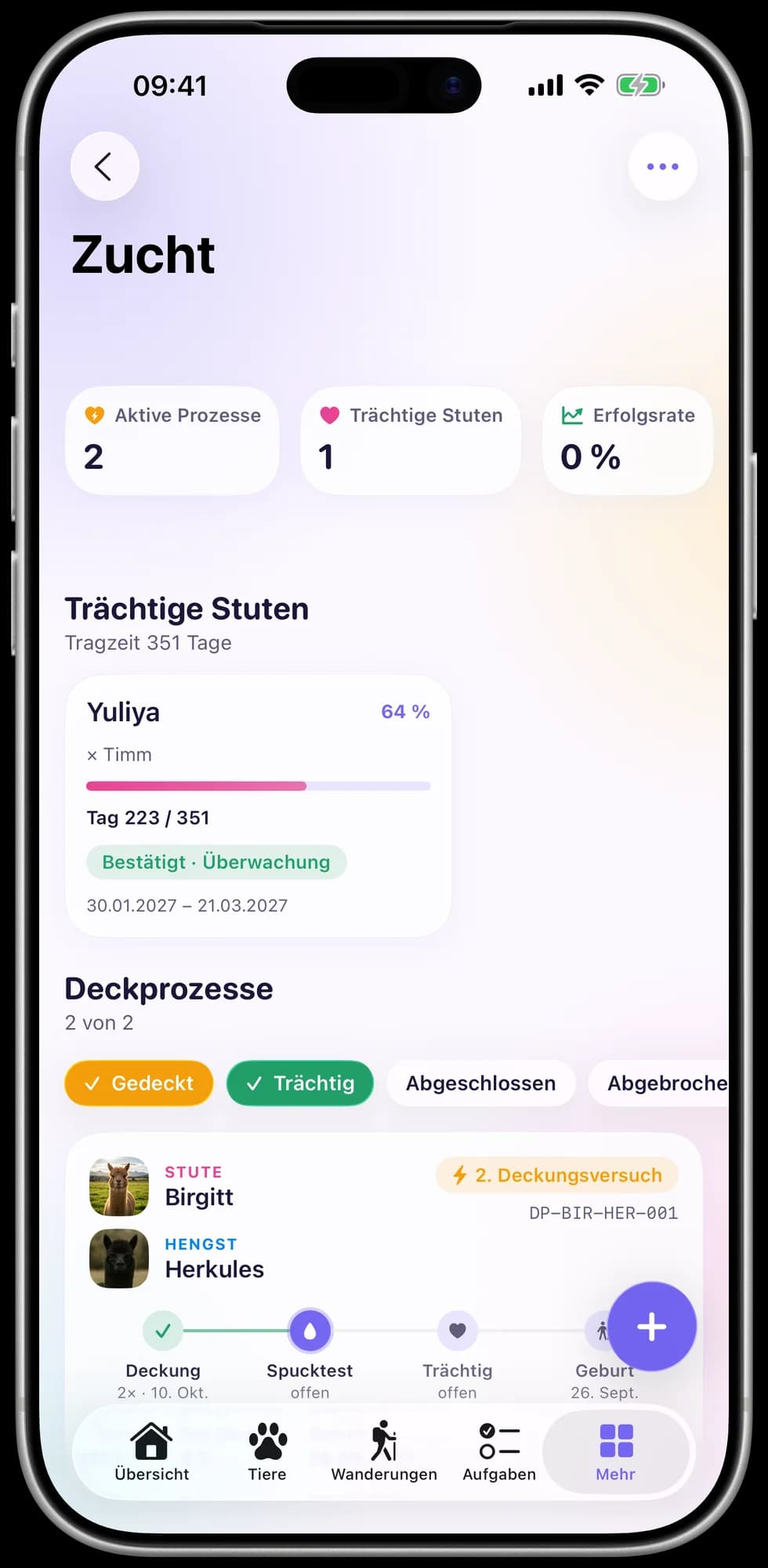 Breeding overview with pregnant females and mating processes in the app