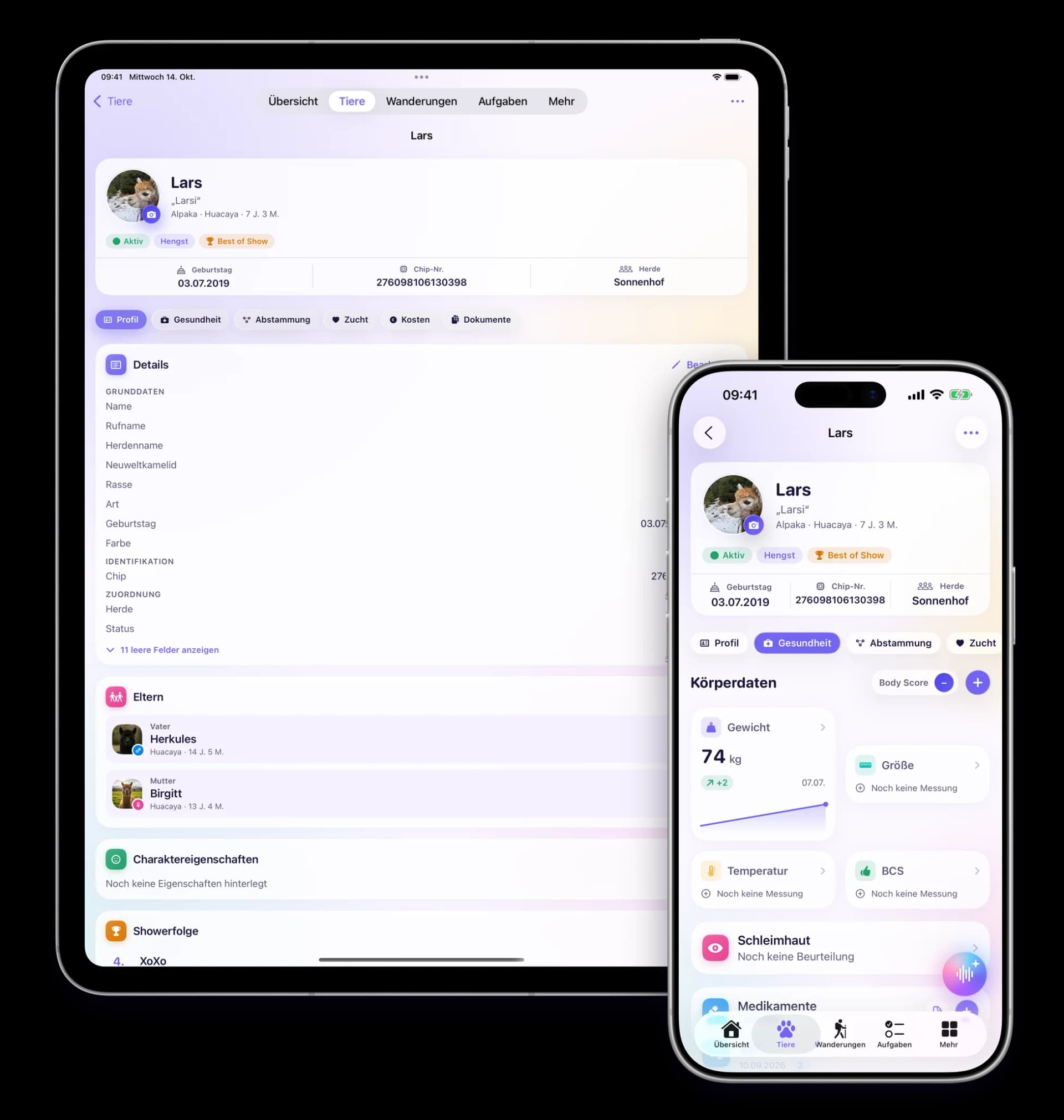 ALPAKA.PRO app on iPad and iPhone: animal profile and health data