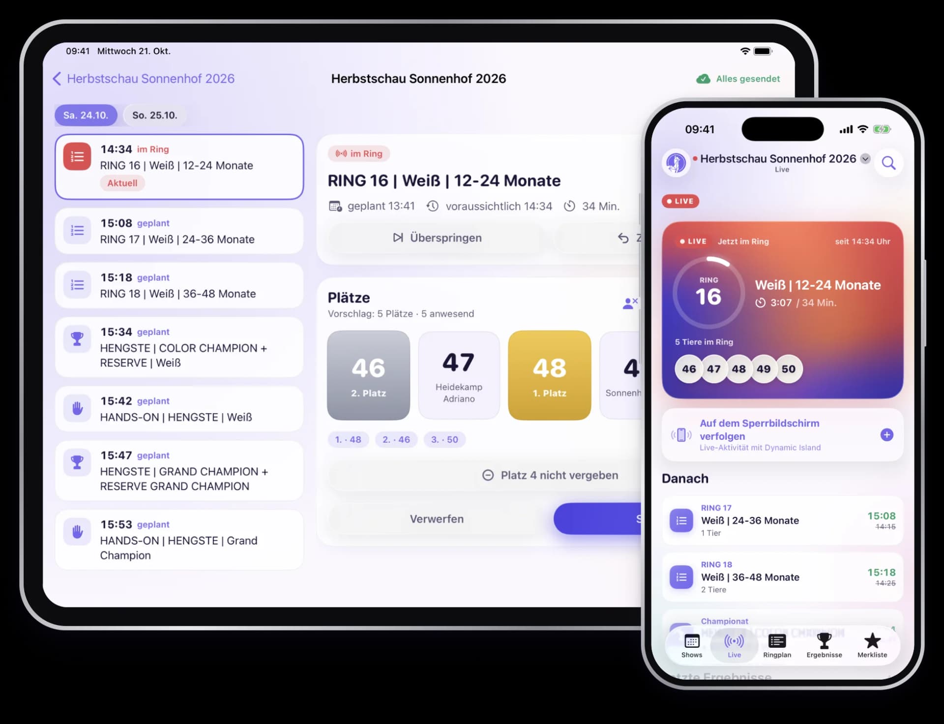 Show-Team-App auf dem iPad mit der Ring-Konsole und Besucher-App auf dem iPhone mit dem Live-Stand