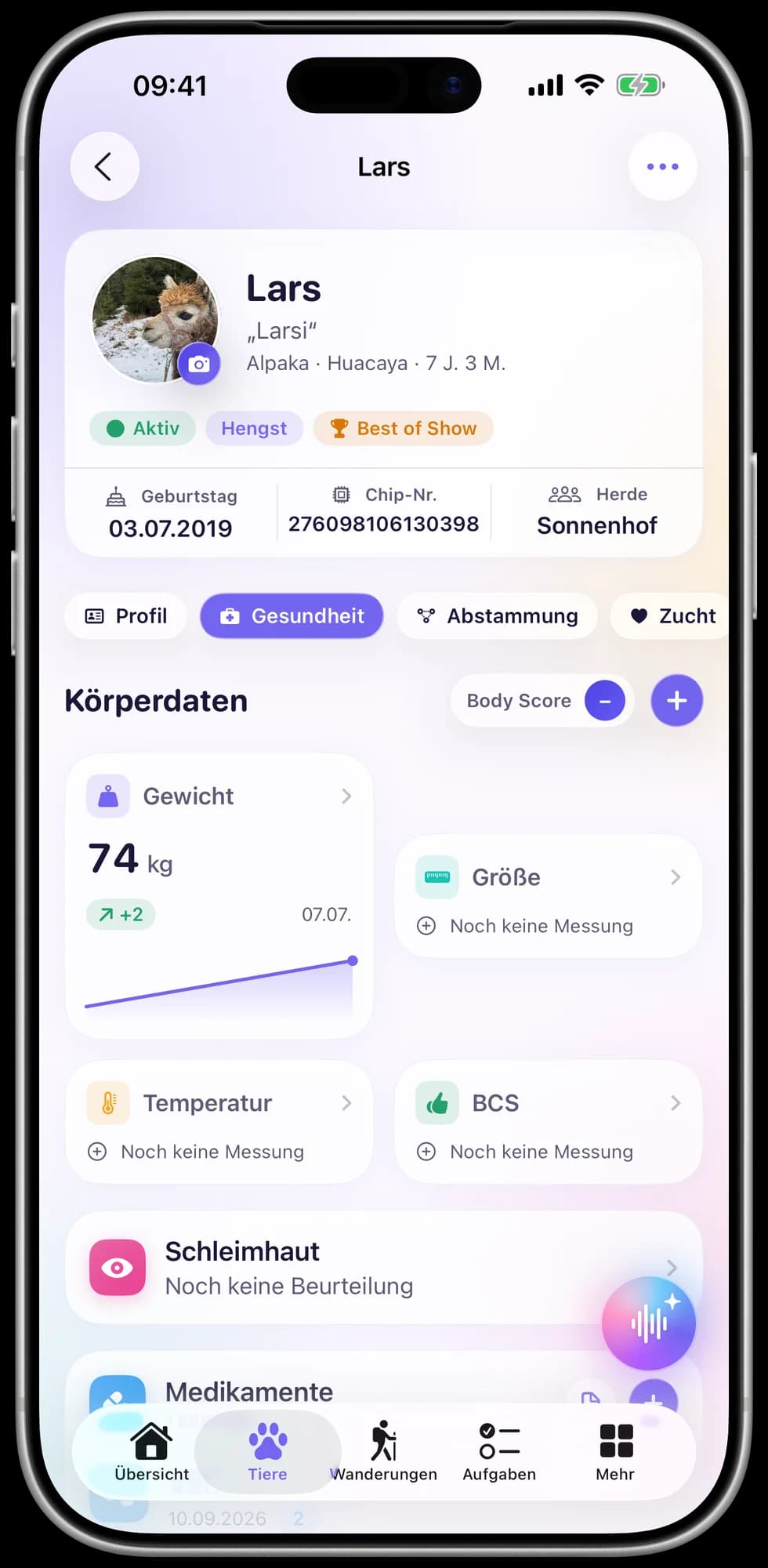 Body data of an animal with weight chart and voice assistant in the app