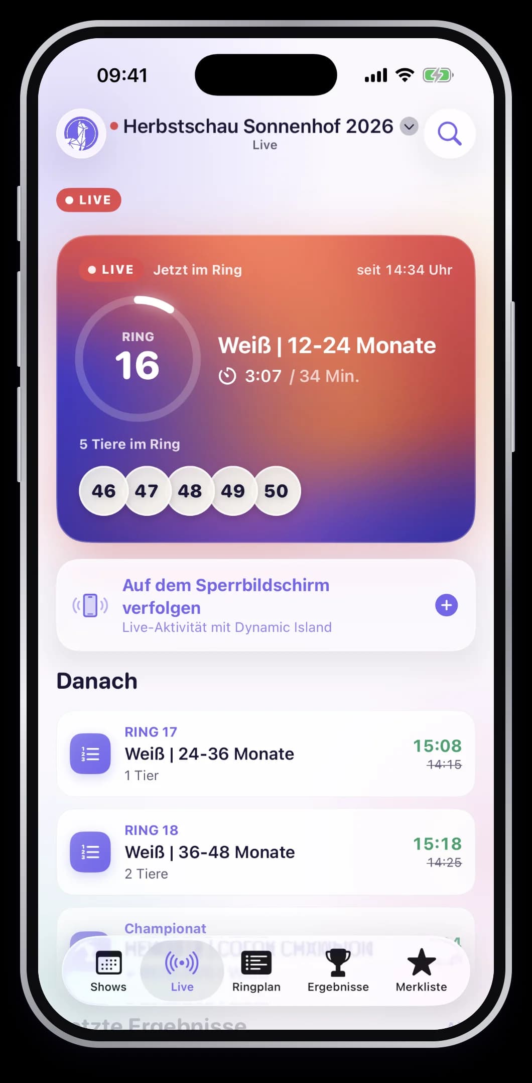 Besucher-App mit dem Programmpunkt, der gerade im Ring ist