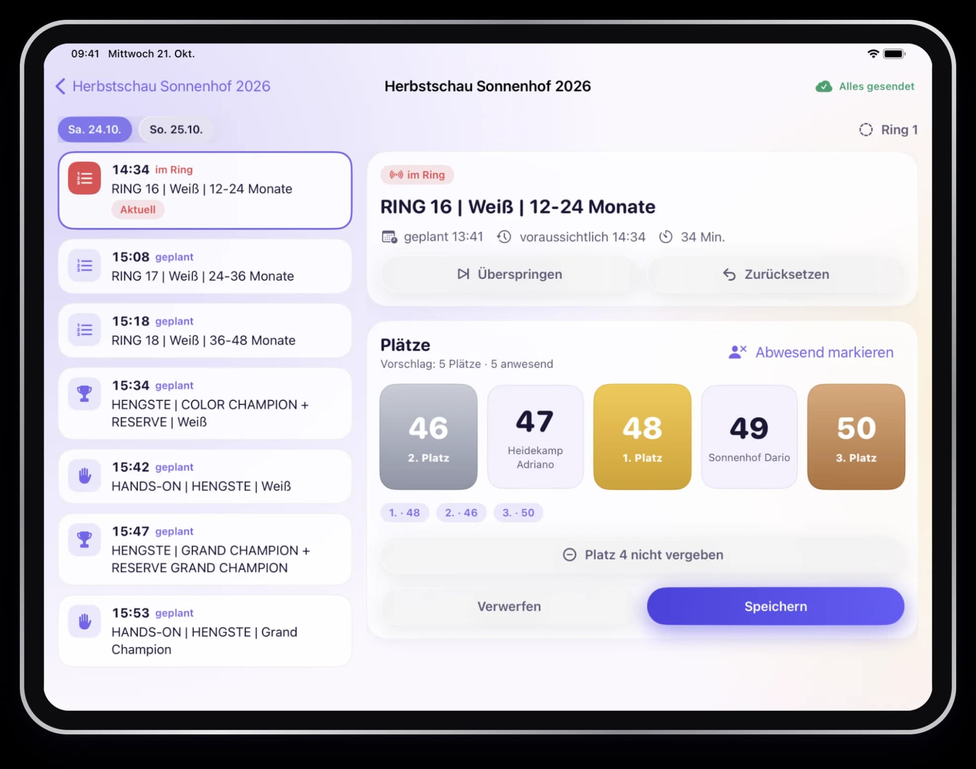 Ring-Konsole der Show-Team-App auf dem iPad mit vergebenen Plätzen