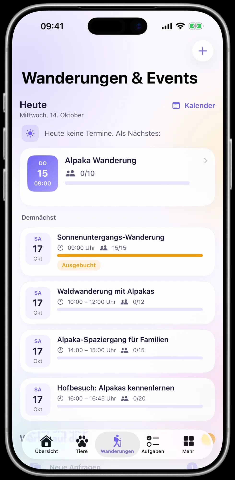 Upcoming walks with bookings in the app