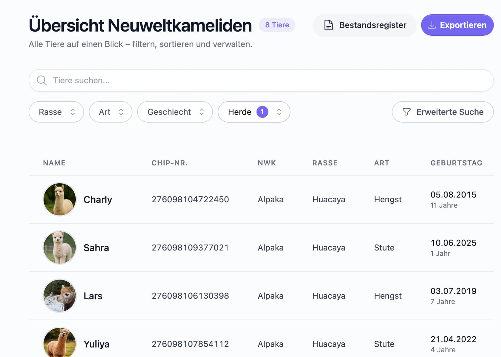Tierliste mit Filtern im Herdenmanagement