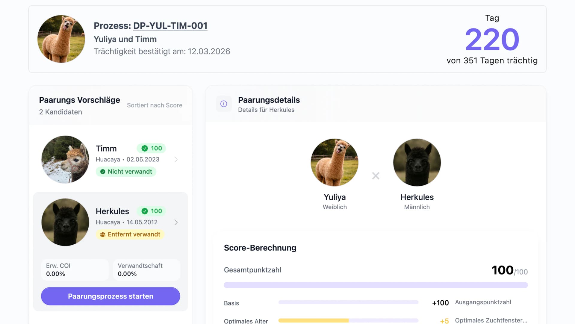 Zuchtplanung mit Paarungsvorschlägen für ein Alpaka