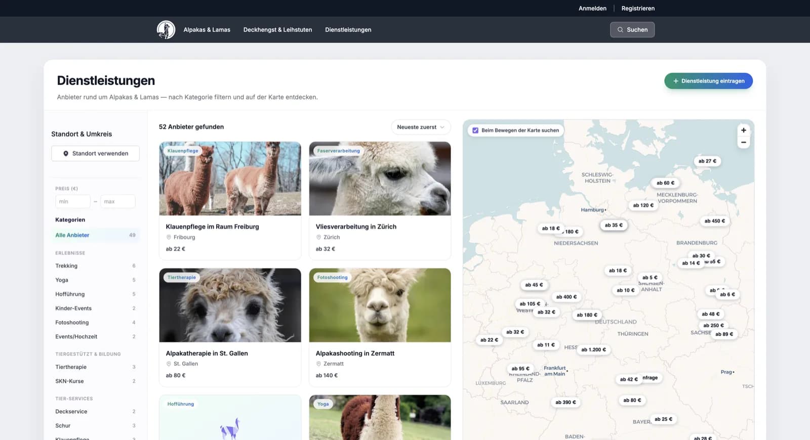 Services directory with categories, price filter and map