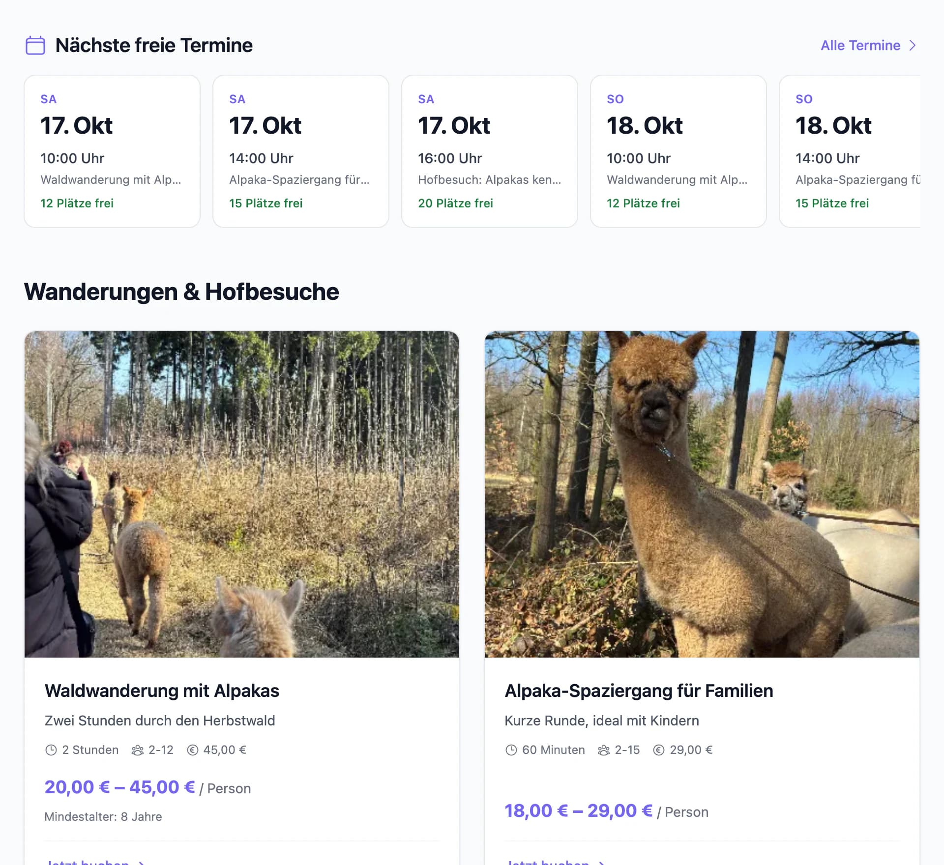 Public booking page with available walks