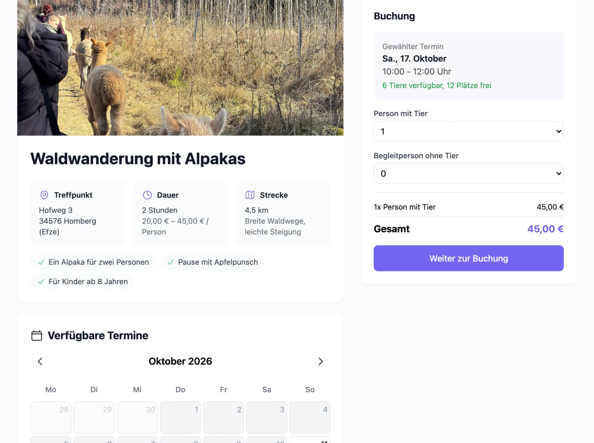 Booking page for an alpaca walk