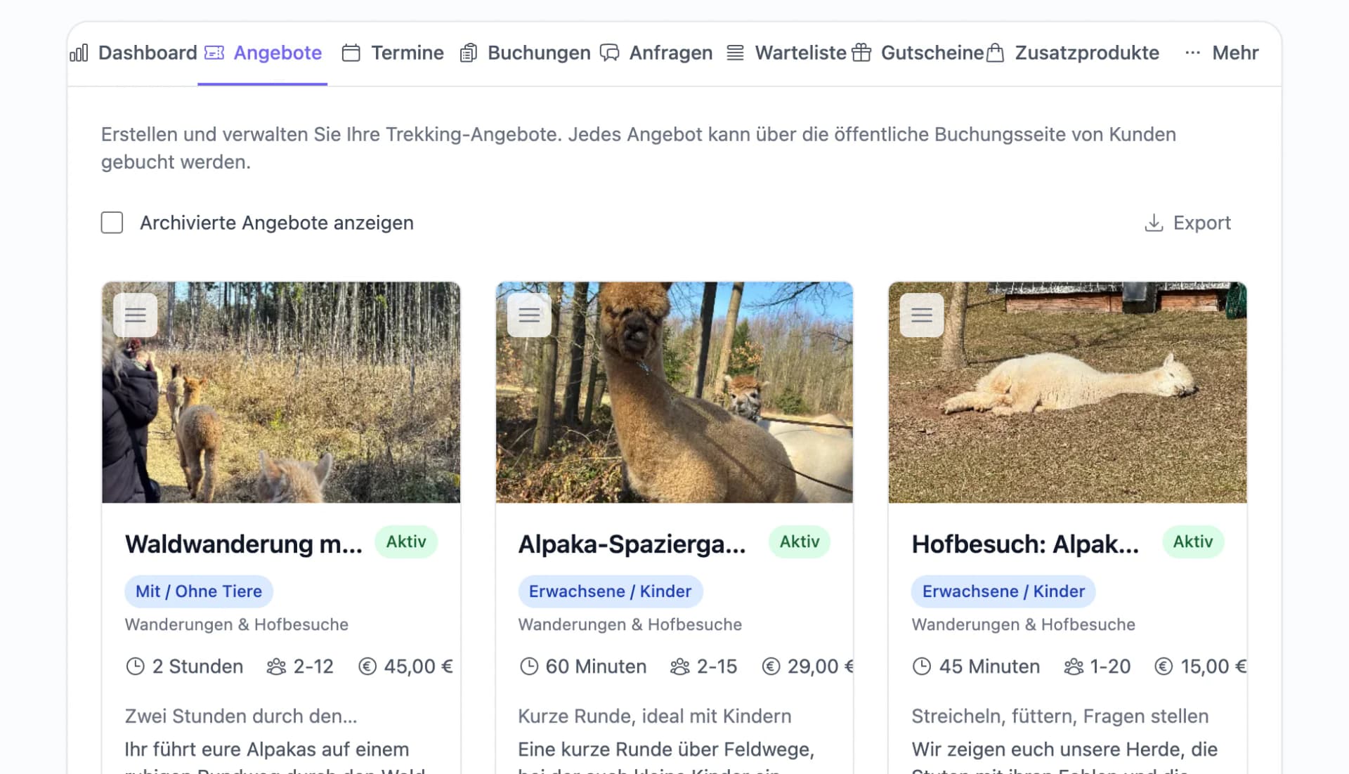 Angebote für Alpaka-Wanderungen in der Übersicht