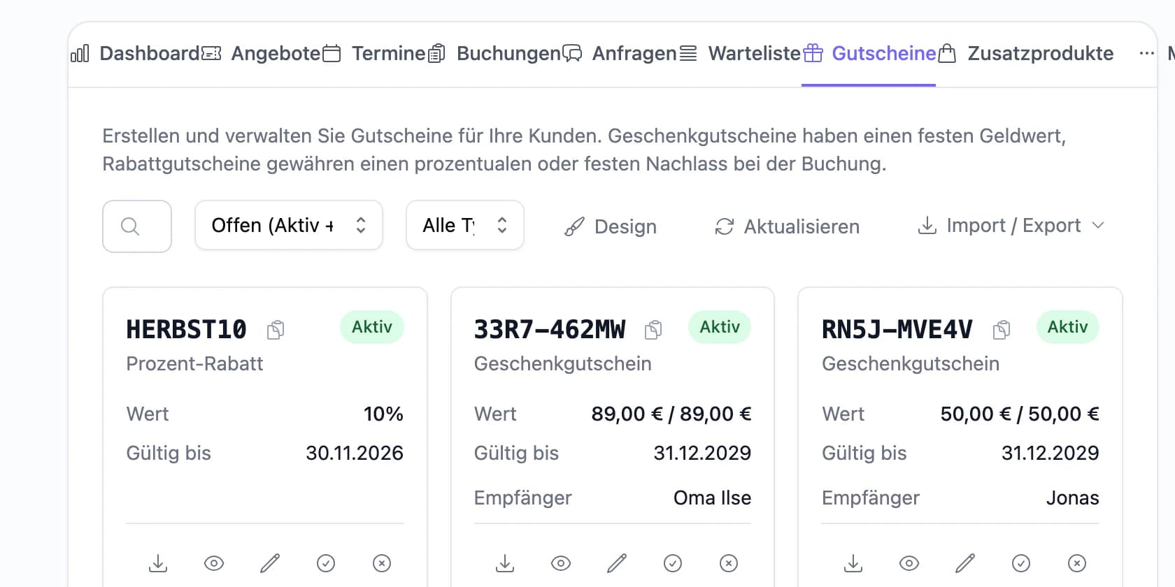 Verwaltung der Gutscheine für Wanderungen
