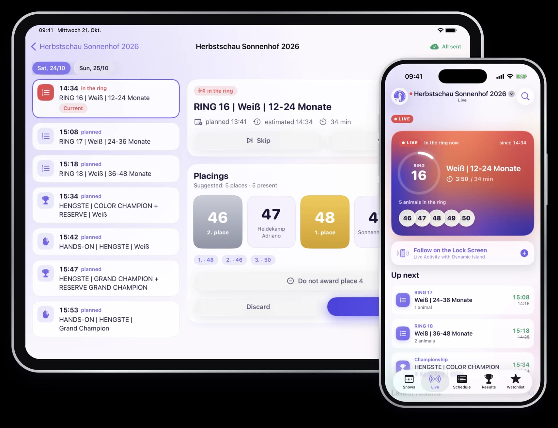 Show-Team app on iPad with the ring console and visitor app on iPhone with the live status