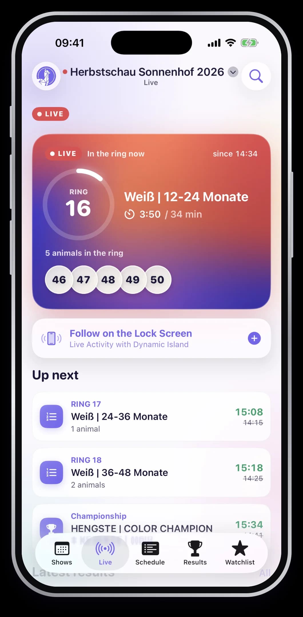 Visitor app showing the schedule item currently in the ring