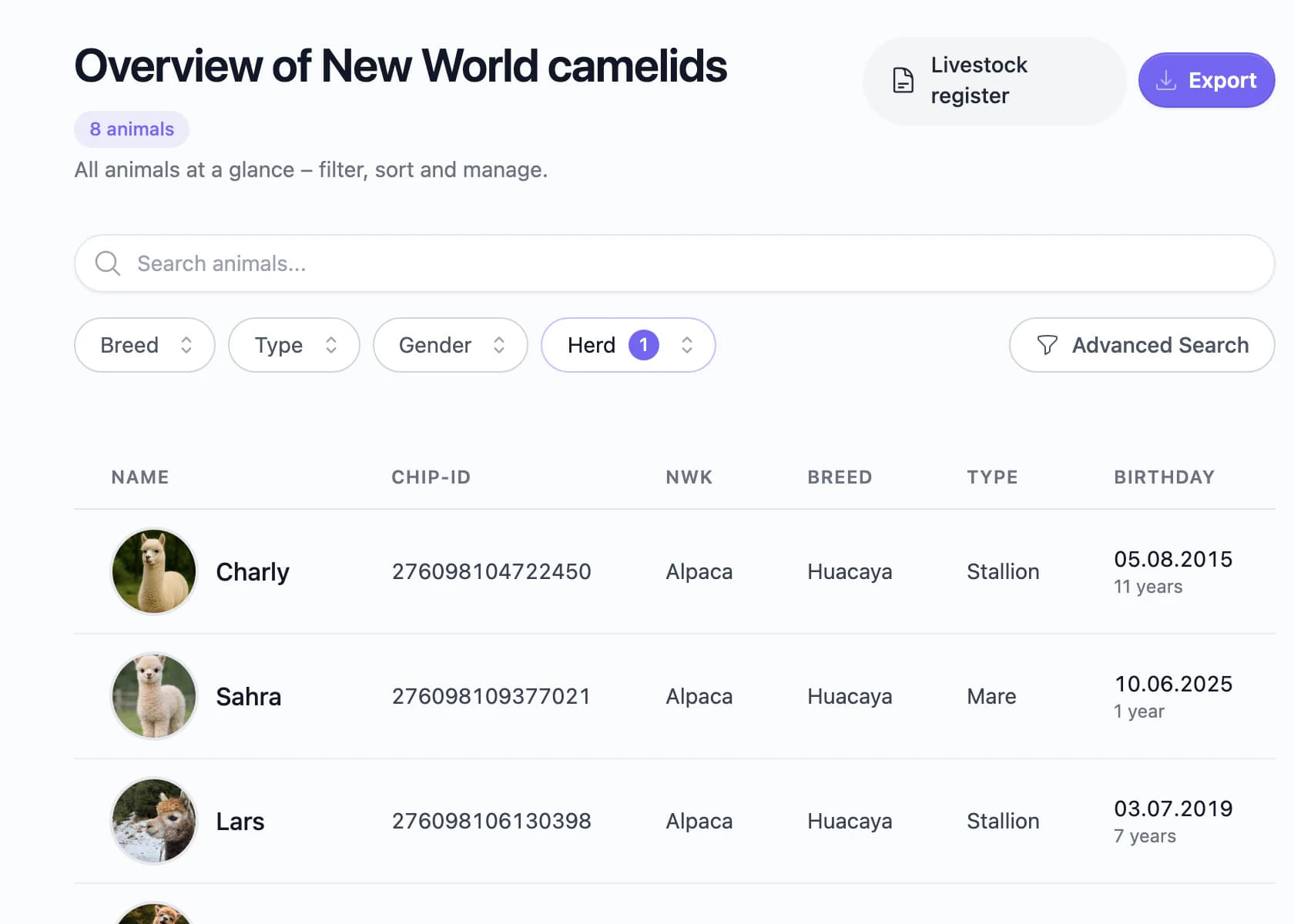 Animal list with filters in herd management
