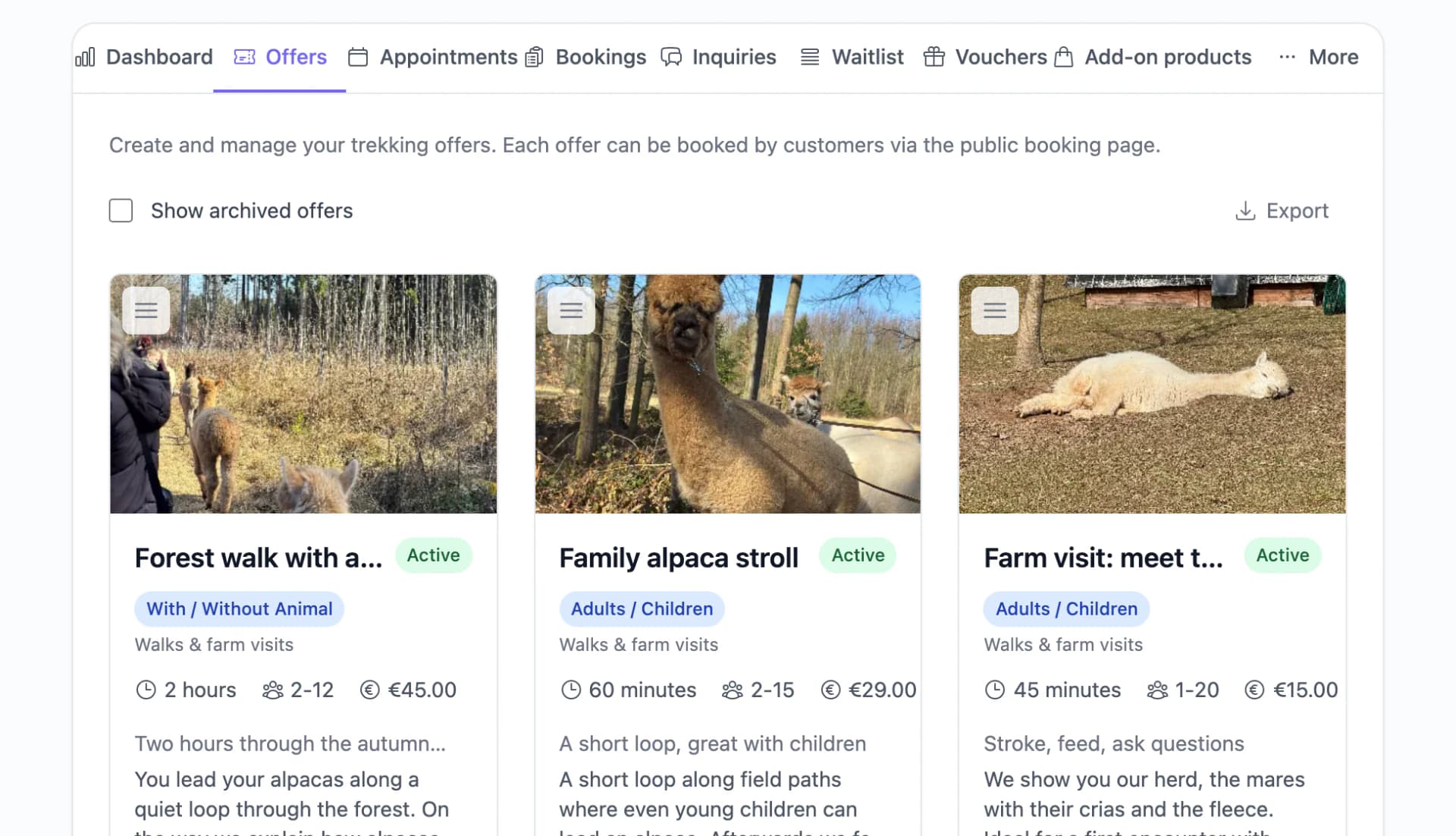 Overview of alpaca walk offers